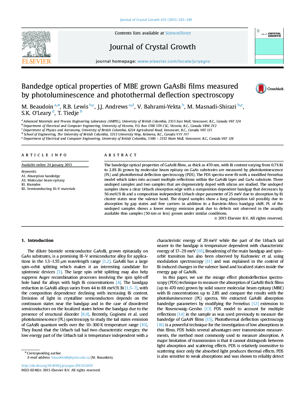 Bandedge optical properties of MBE grown GaAsBi films measured by photoluminescence and photothermal deflection spectroscopy