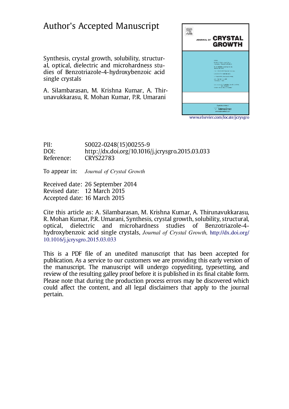 Synthesis, crystal growth, solubility, structural, optical, dielectric and microhardness studies of Benzotriazole-4-hydroxybenzoic acid single crystals