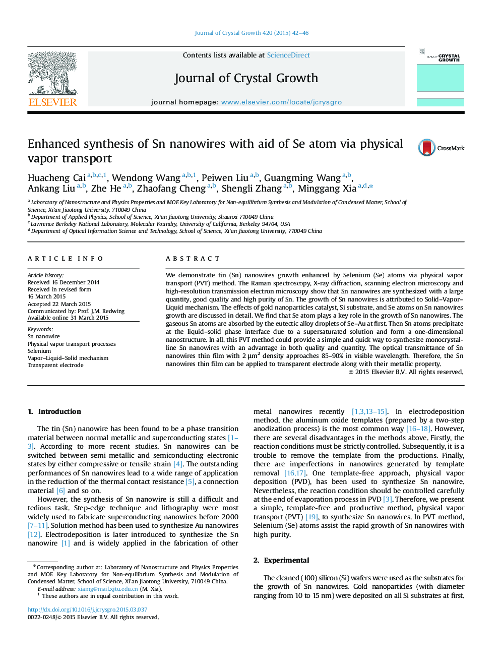 Enhanced synthesis of Sn nanowires with aid of Se atom via physical vapor transport