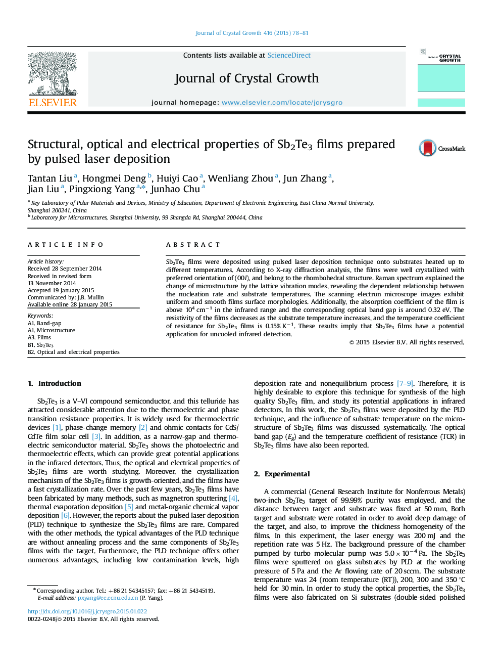 Structural, optical and electrical properties of Sb2Te3 films prepared by pulsed laser deposition