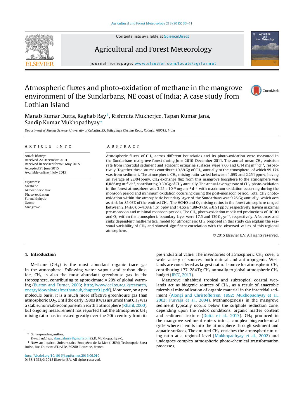 فلوهای اتمسفر و عکس اکسیداسیون متان در محیط مانگرو ساندبوران، سواحل نیوجرسی هند؛ مطالعه موردی جزیره لوتیان 
