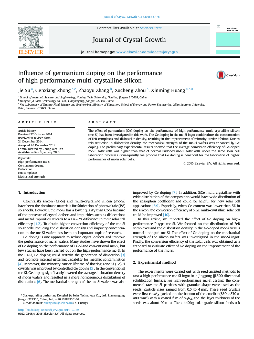 Influence of germanium doping on the performance of high-performance multi-crystalline silicon