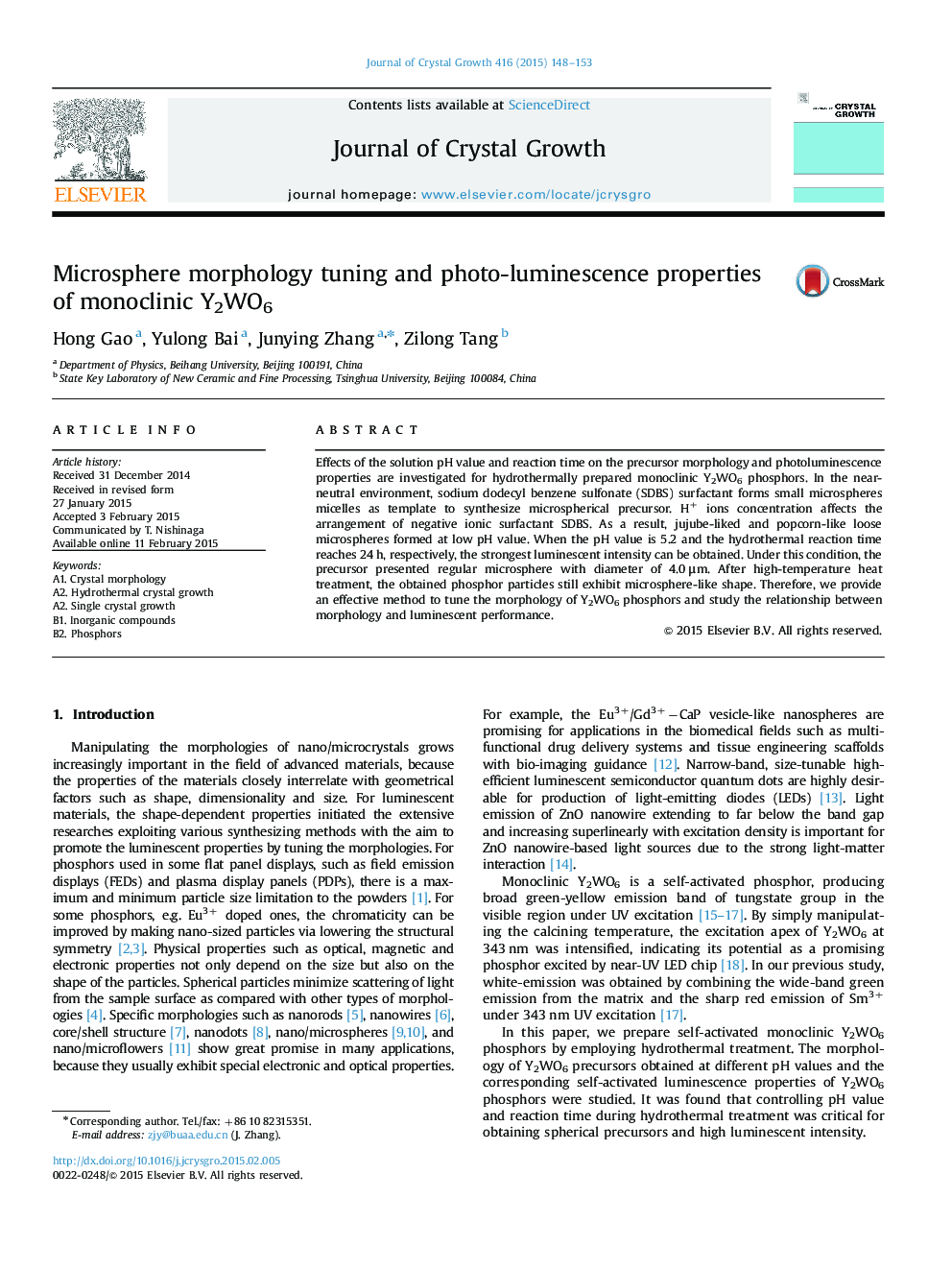 Microsphere morphology tuning and photo-luminescence properties of monoclinic Y2WO6