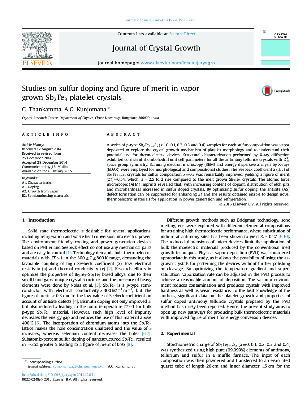 Studies on sulfur doping and figure of merit in vapor grown Sb2Te3 platelet crystals