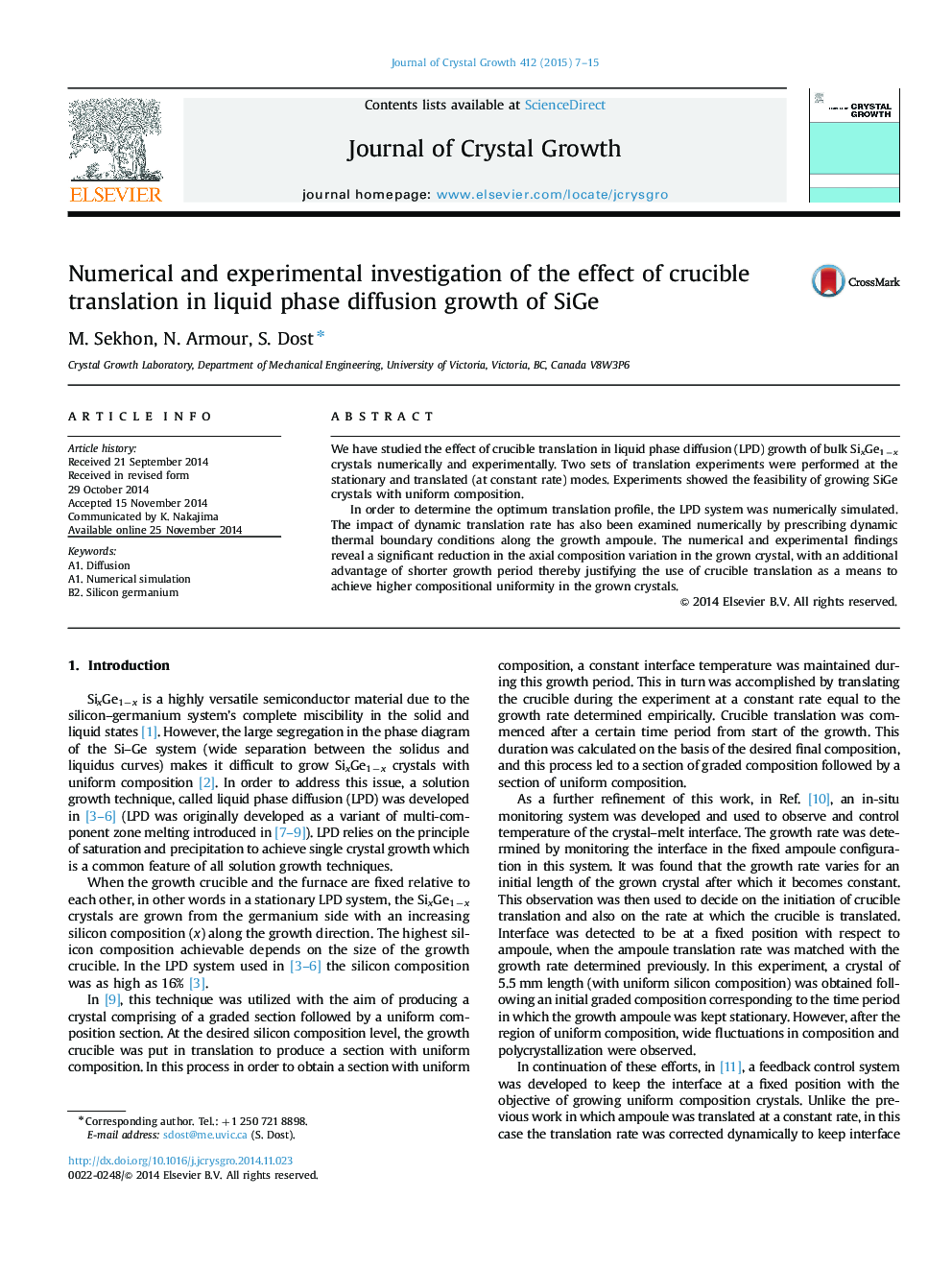 Numerical and experimental investigation of the effect of crucible translation in liquid phase diffusion growth of SiGe