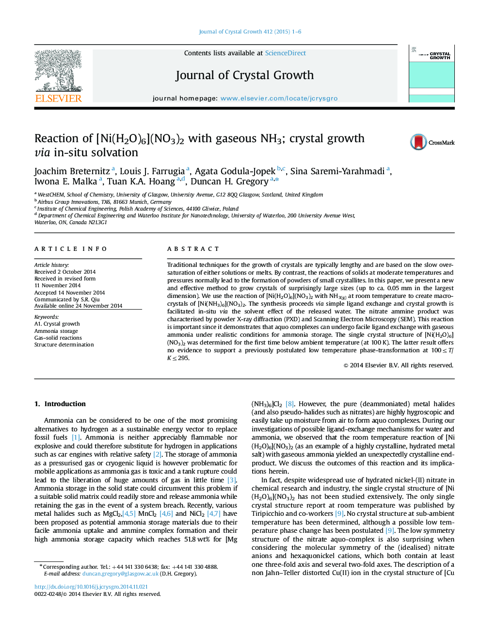 Reaction of [Ni(H2O)6](NO3)2 with gaseous NH3; crystal growth via in-situ solvation