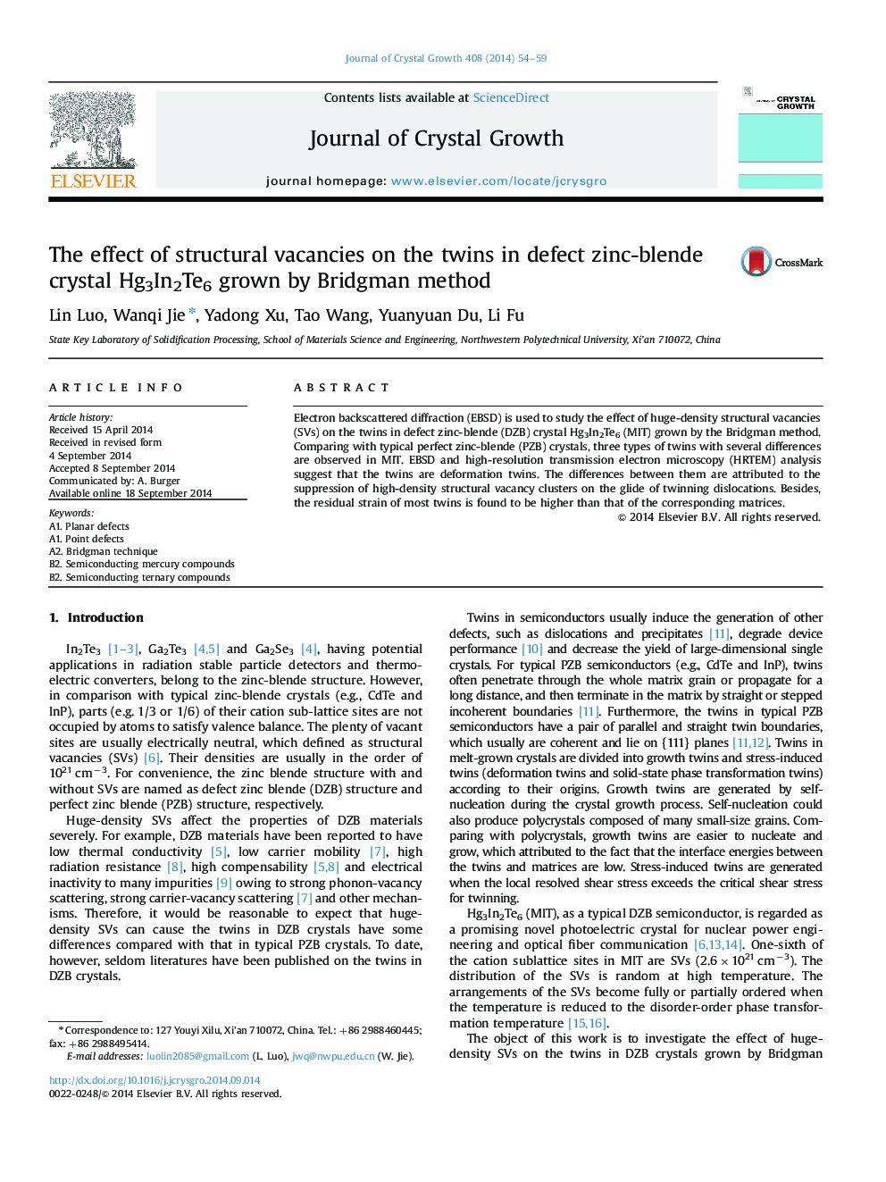 The effect of structural vacancies on the twins in defect zinc-blende crystal Hg3In2Te6 grown by Bridgman method