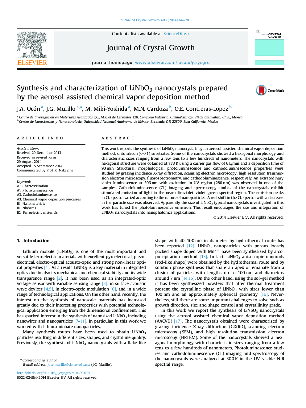 Synthesis and characterization of LiNbO3 nanocrystals prepared by the aerosol assisted chemical vapor deposition method