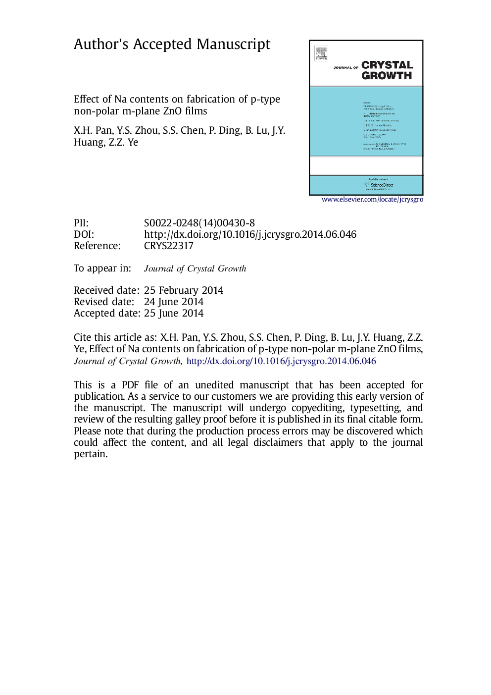 عکس صفحه اول مقاله: Effect of Na contents on fabrication of p-type non-polar m-plane ZnO films Effect of Na contents on fabrication of p-type non-polar m-plane ZnO films