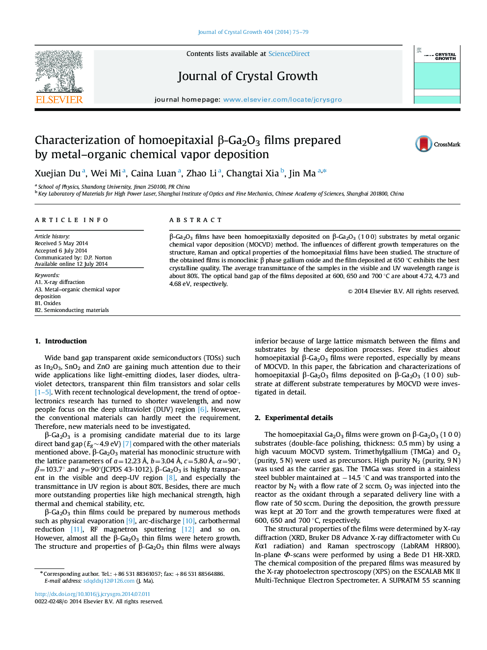 Characterization of homoepitaxial Î²-Ga2O3 films prepared by metal-organic chemical vapor deposition