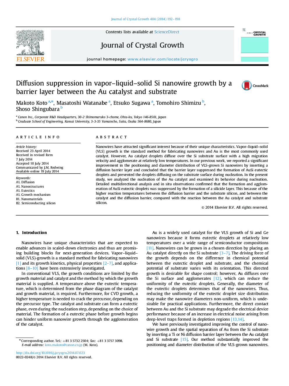 Diffusion suppression in vapor-liquid-solid Si nanowire growth by a barrier layer between the Au catalyst and substrate