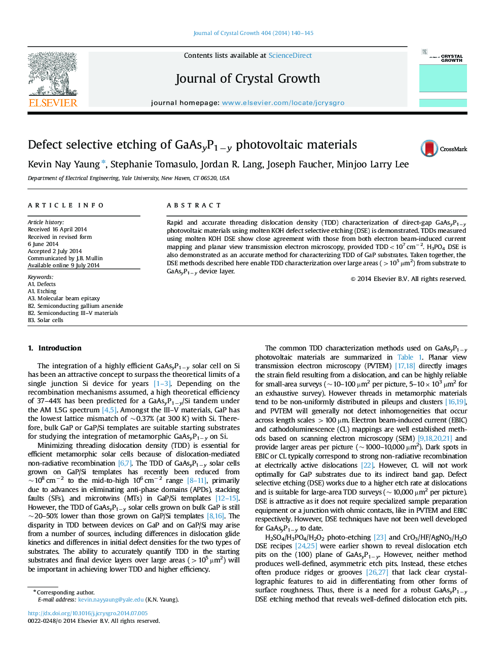 Defect selective etching of GaAsyP1ây photovoltaic materials