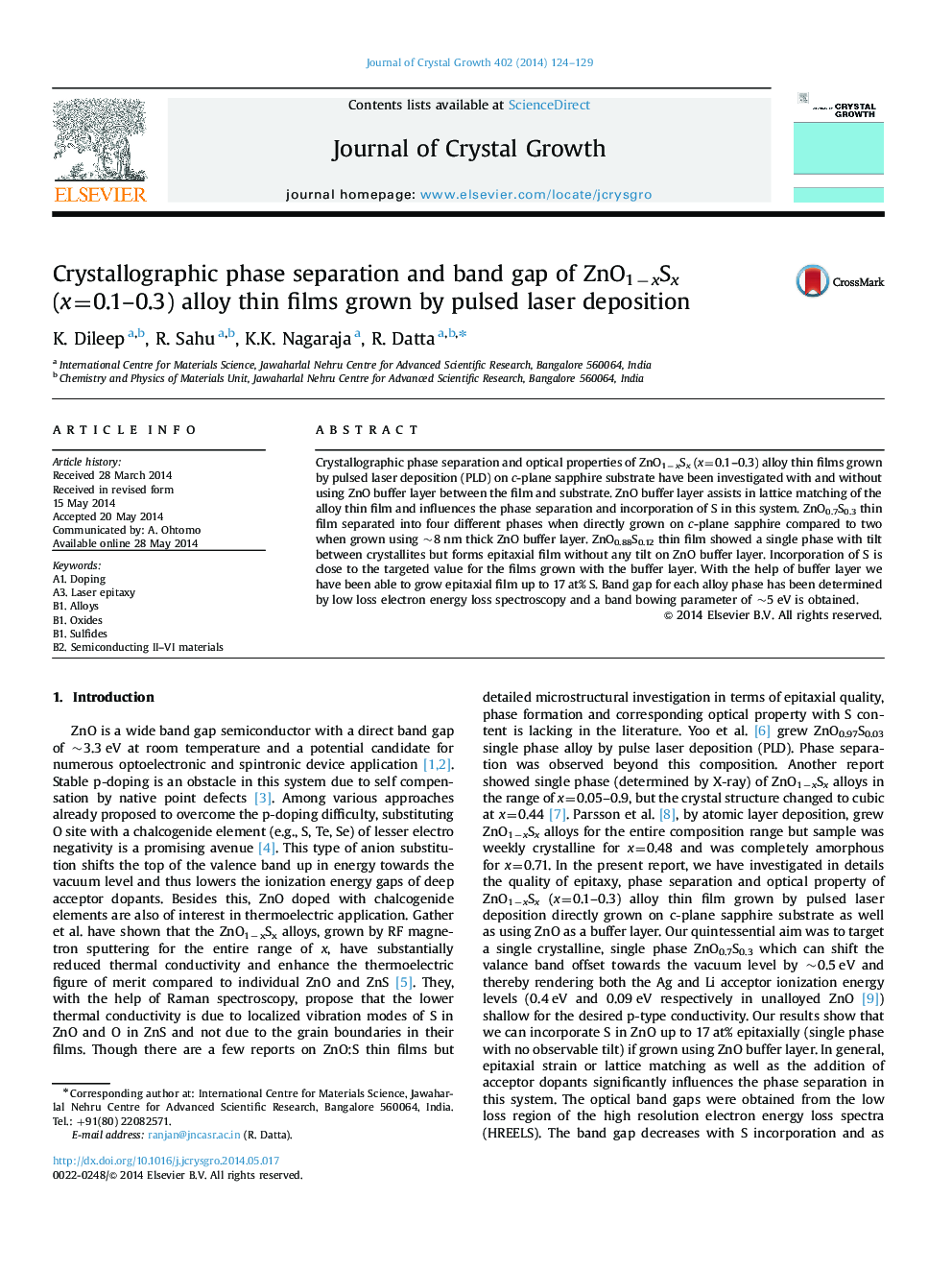 Crystallographic phase separation and band gap of ZnO1âxSx (x=0.1-0.3) alloy thin films grown by pulsed laser deposition