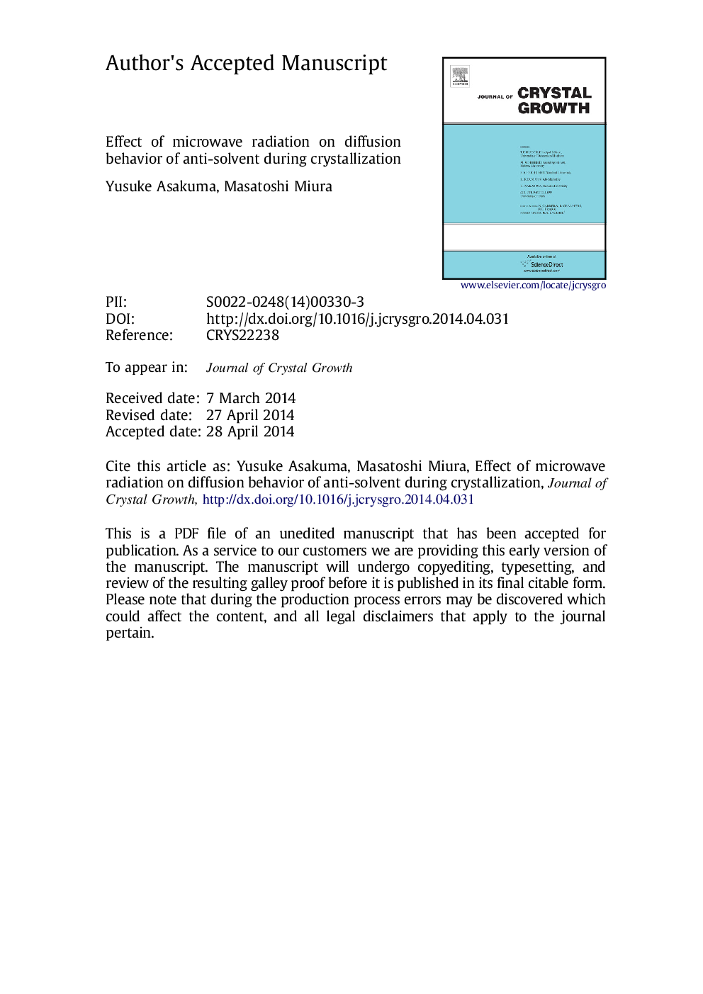 Effect of microwave radiation on diffusion behavior of anti-solvent during crystallization