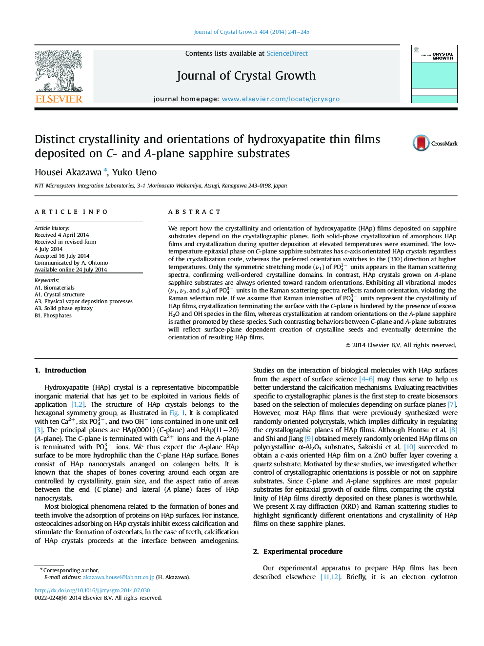 Distinct crystallinity and orientations of hydroxyapatite thin films deposited on C- and A-plane sapphire substrates