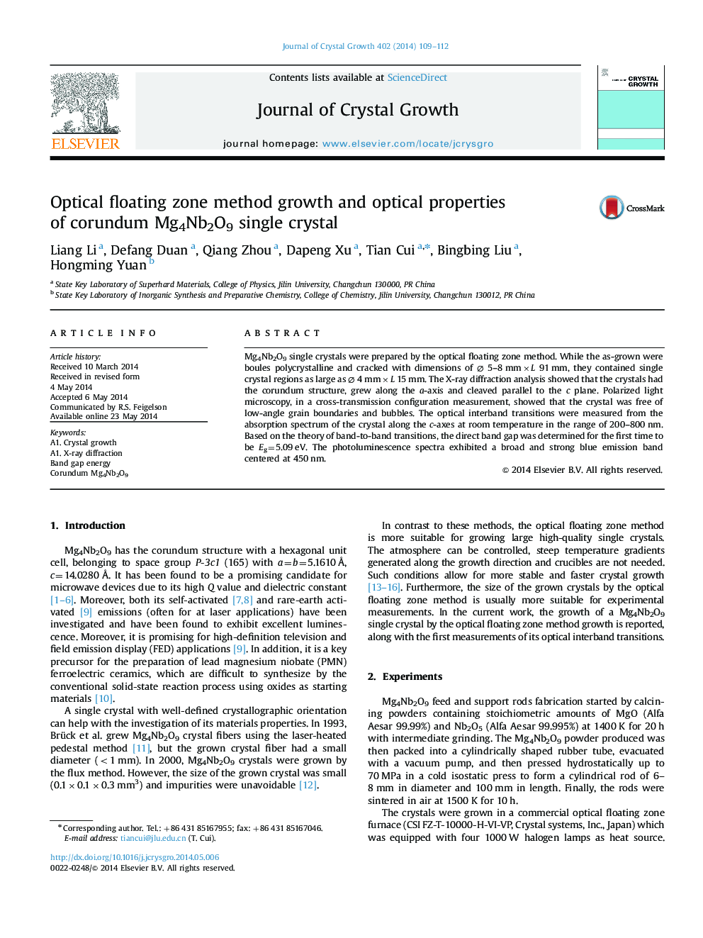 Optical floating zone method growth and optical properties of corundum Mg4Nb2O9 single crystal