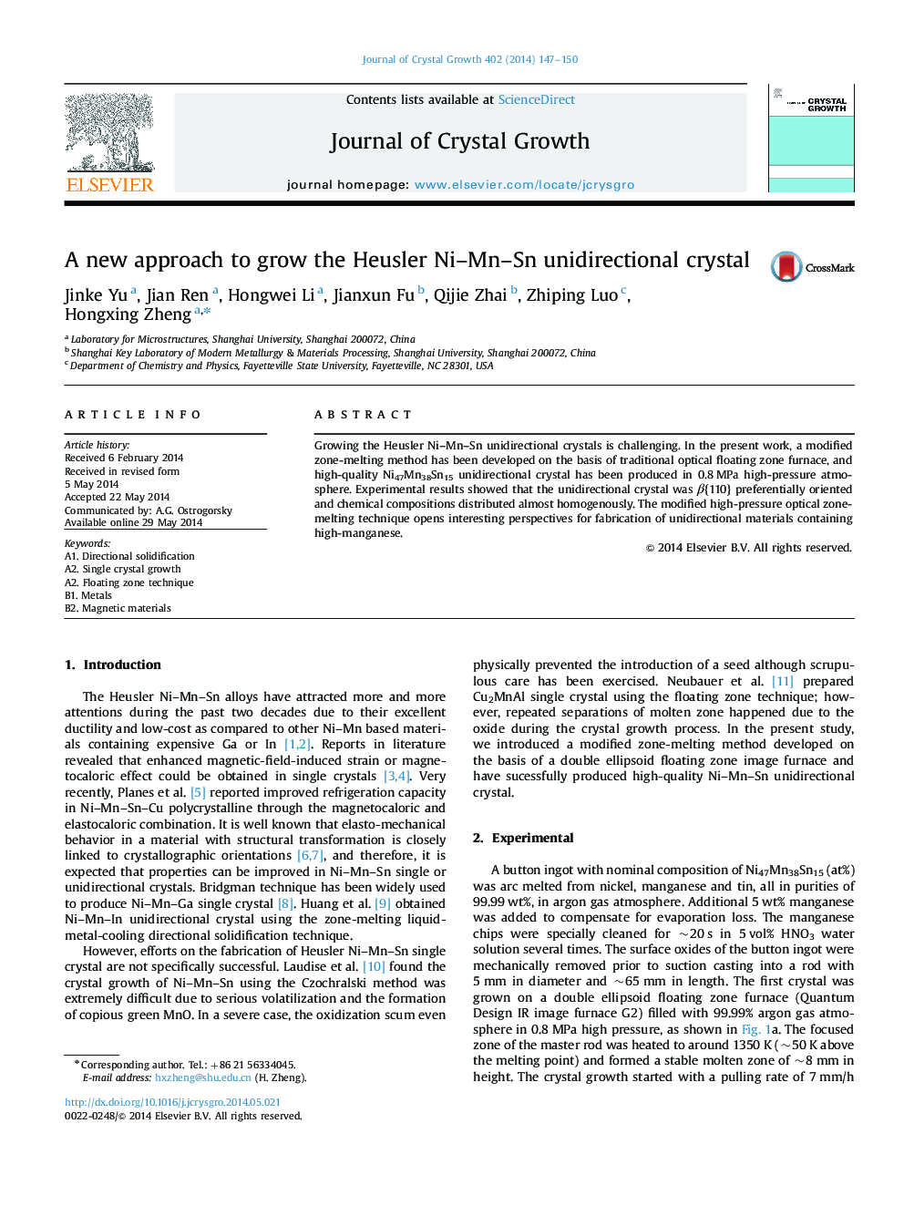 A new approach to grow the Heusler Ni-Mn-Sn unidirectional crystal