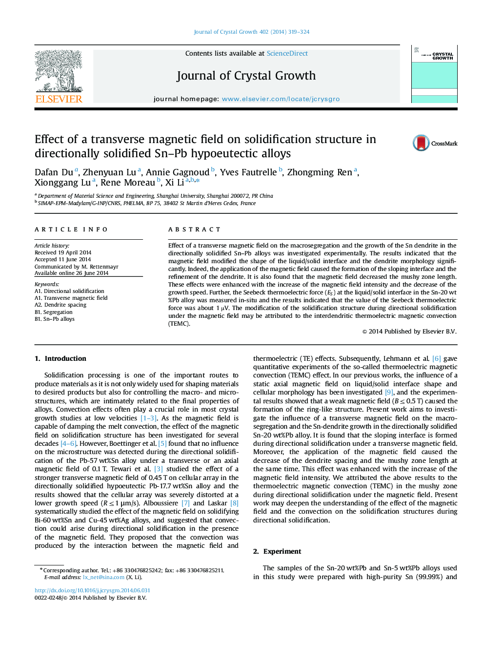 Effect of a transverse magnetic field on solidification structure in directionally solidified Sn-Pb hypoeutectic alloys