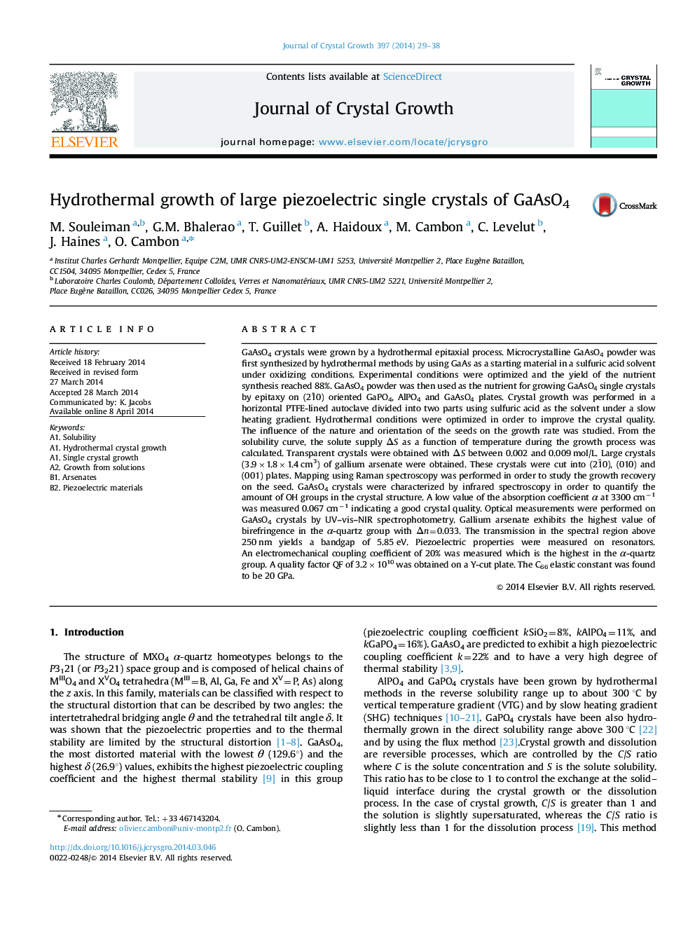 Hydrothermal growth of large piezoelectric single crystals of GaAsO4