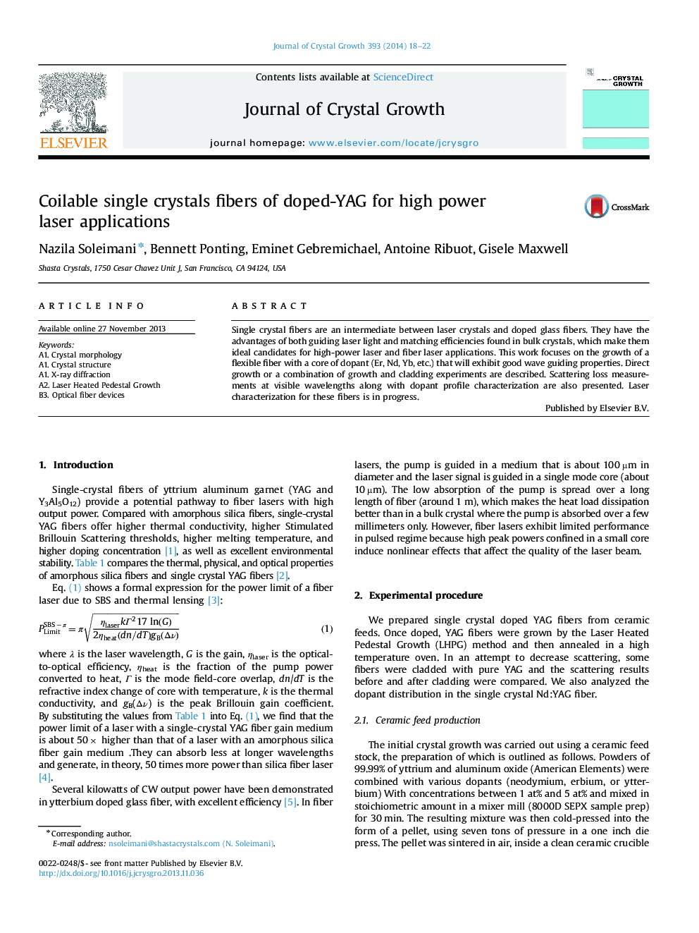 Coilable single crystals fibers of doped-YAG for high power laser applications