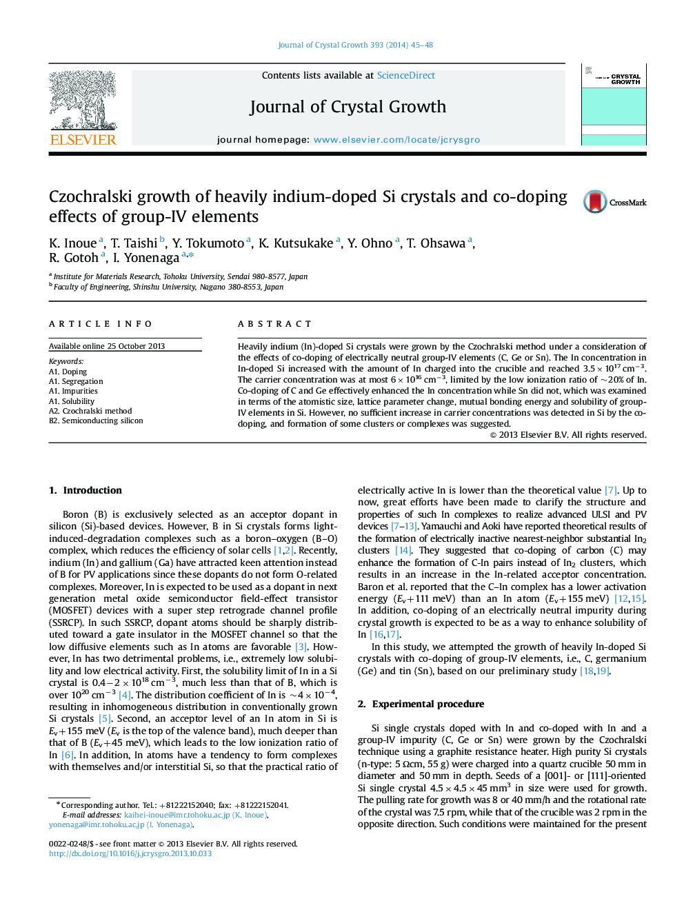 Czochralski growth of heavily indium-doped Si crystals and co-doping effects of group-IV elements