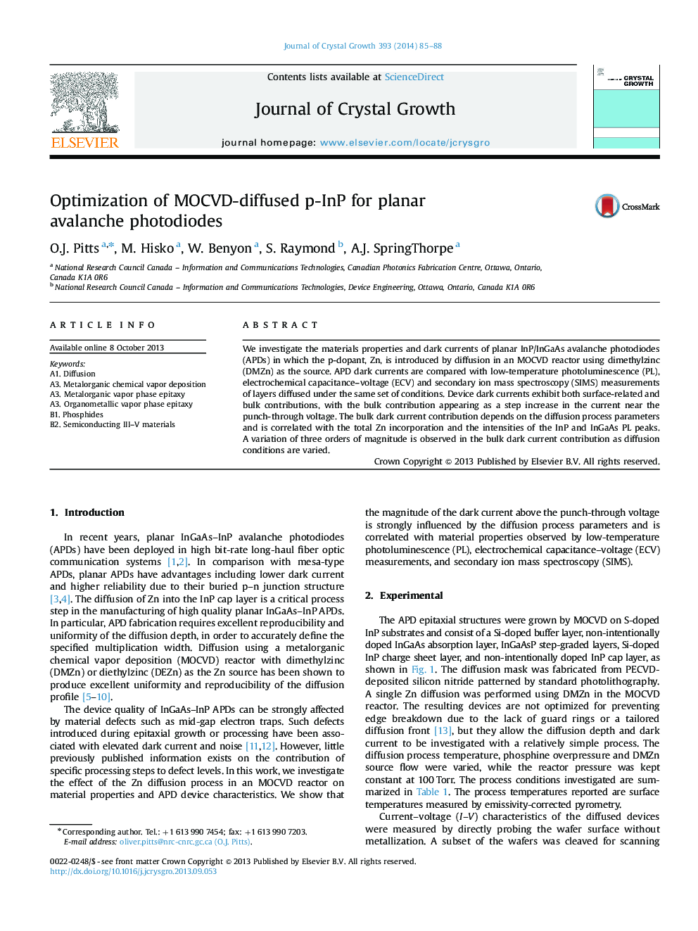 Optimization of MOCVD-diffused p-InP for planar avalanche photodiodes