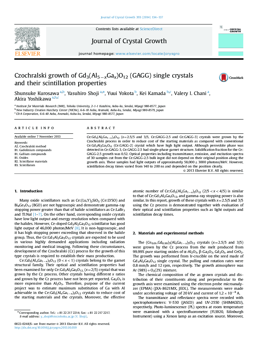 Czochralski growth of Gd3(Al5âxGax)O12 (GAGG) single crystals and their scintillation properties