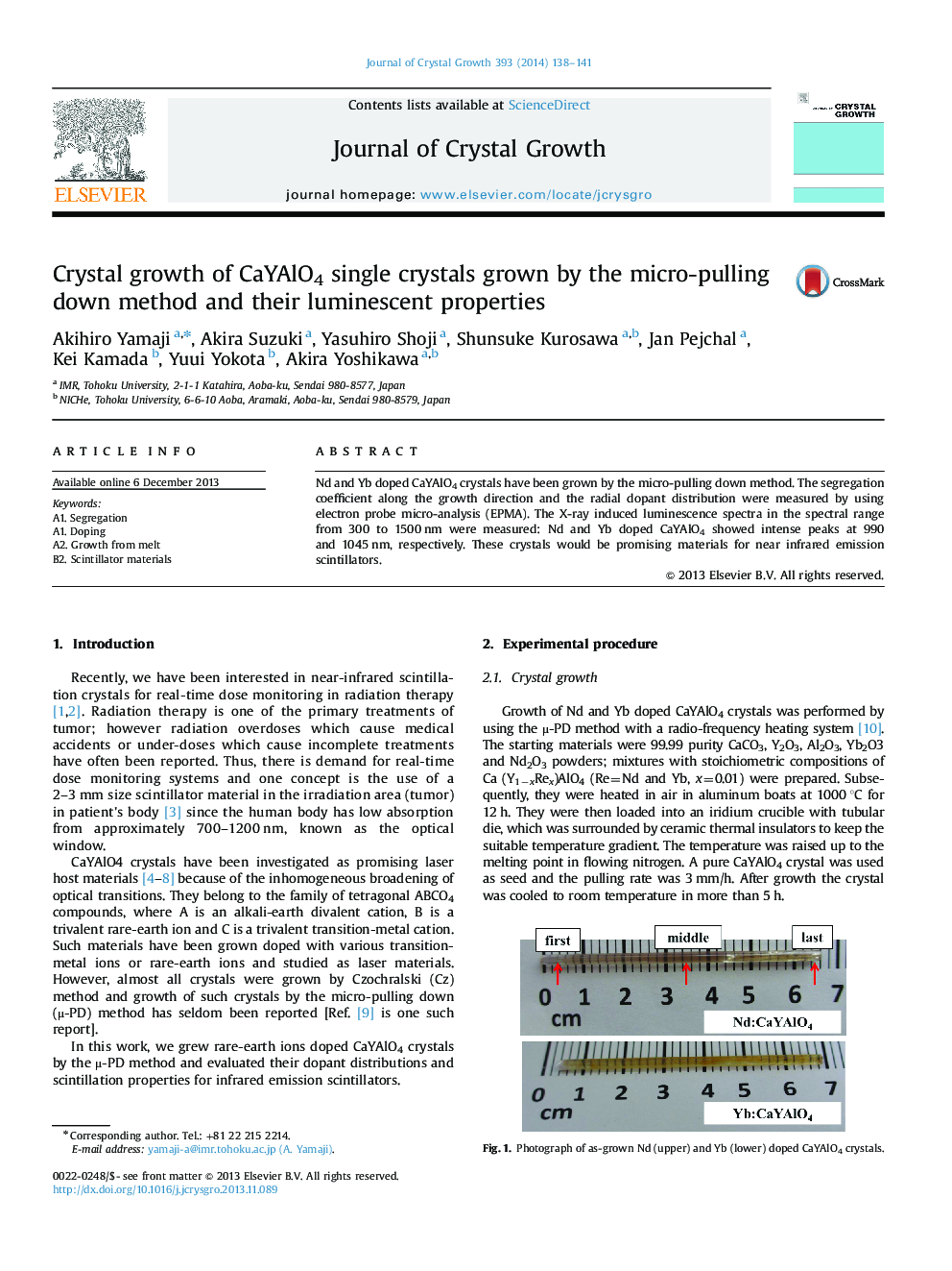 Crystal growth of CaYAlO4 single crystals grown by the micro-pulling down method and their luminescent properties