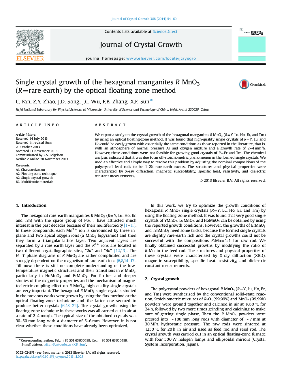 Single crystal growth of the hexagonal manganites R MnO3 (R=rare earth) by the optical floating-zone method