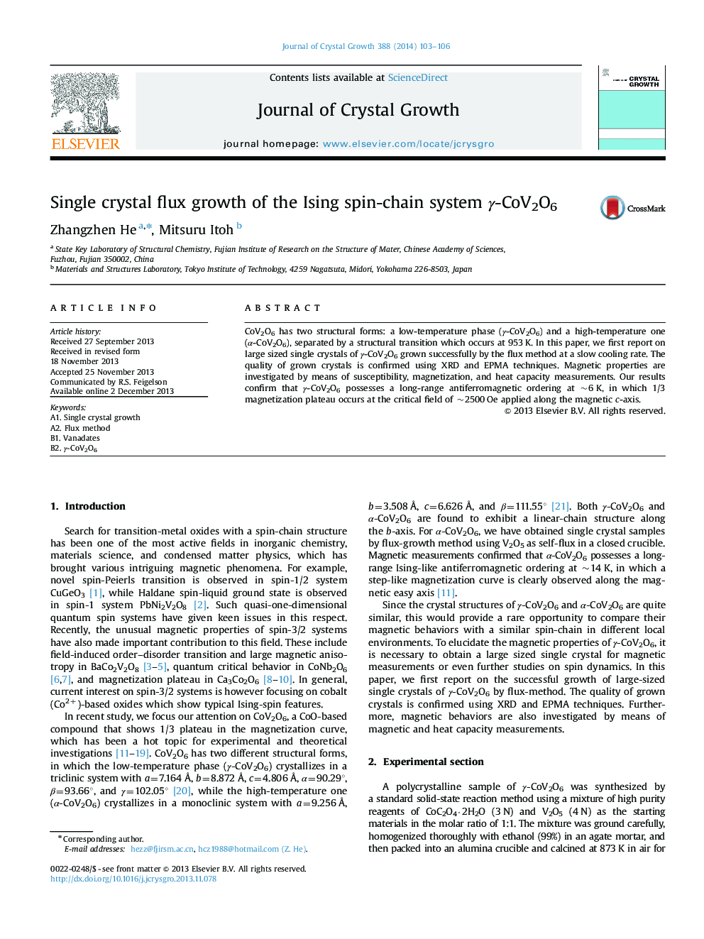 Single crystal flux growth of the Ising spin-chain system Î³-CoV2O6