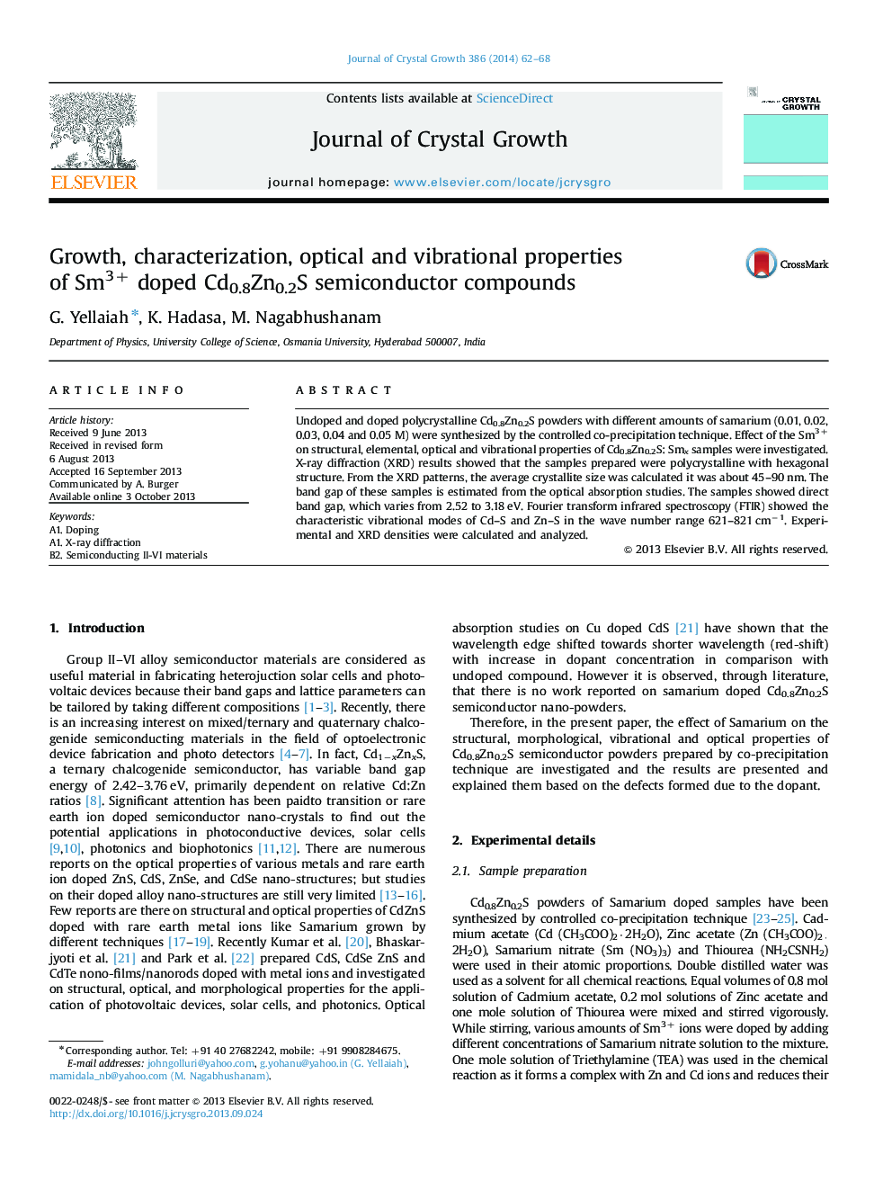 Growth, characterization, optical and vibrational properties of Sm3+ doped Cd0.8Zn0.2S semiconductor compounds