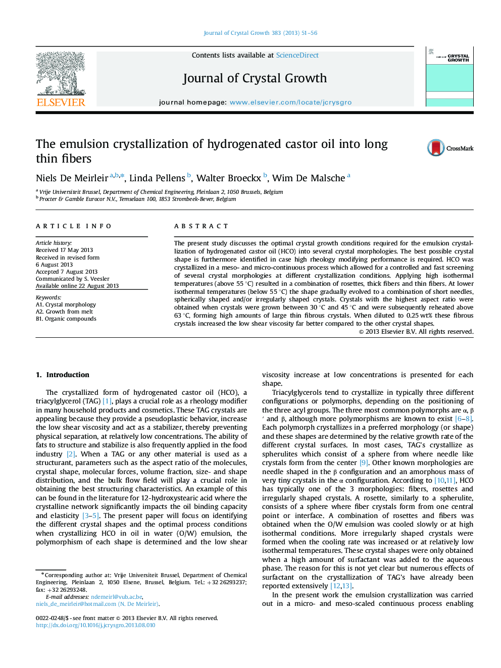 The emulsion crystallization of hydrogenated castor oil into long thin fibers