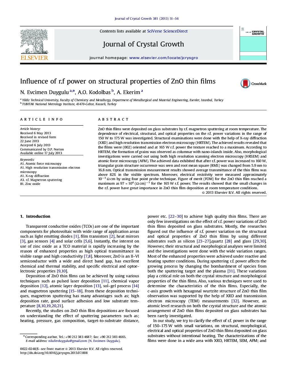 Influence of r.f power on structural properties of ZnO thin films