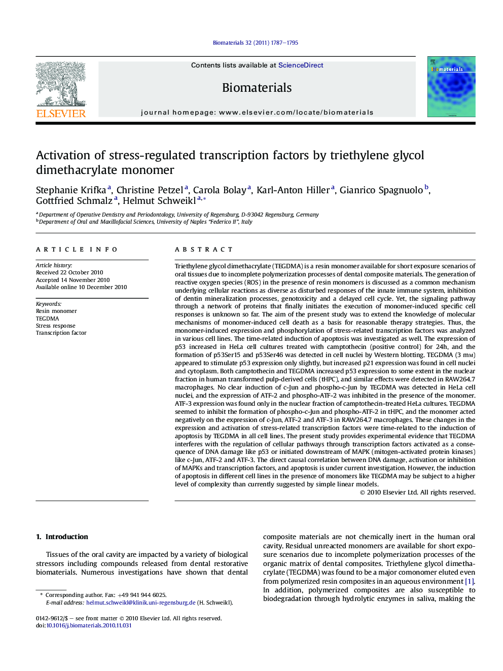 Activation of stress-regulated transcription factors by triethylene glycol dimethacrylate monomer