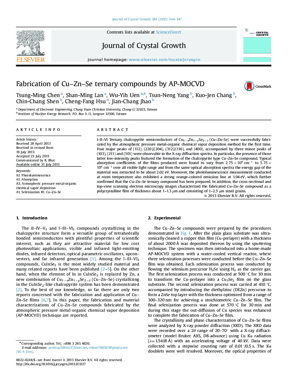 Fabrication of Cu3Zn3Se ternary compounds by AP-MOCVD