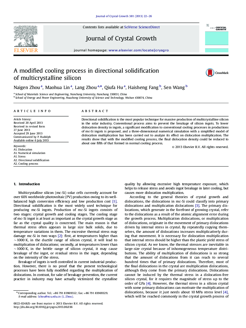 A modified cooling process in directional solidification of multicrystalline silicon