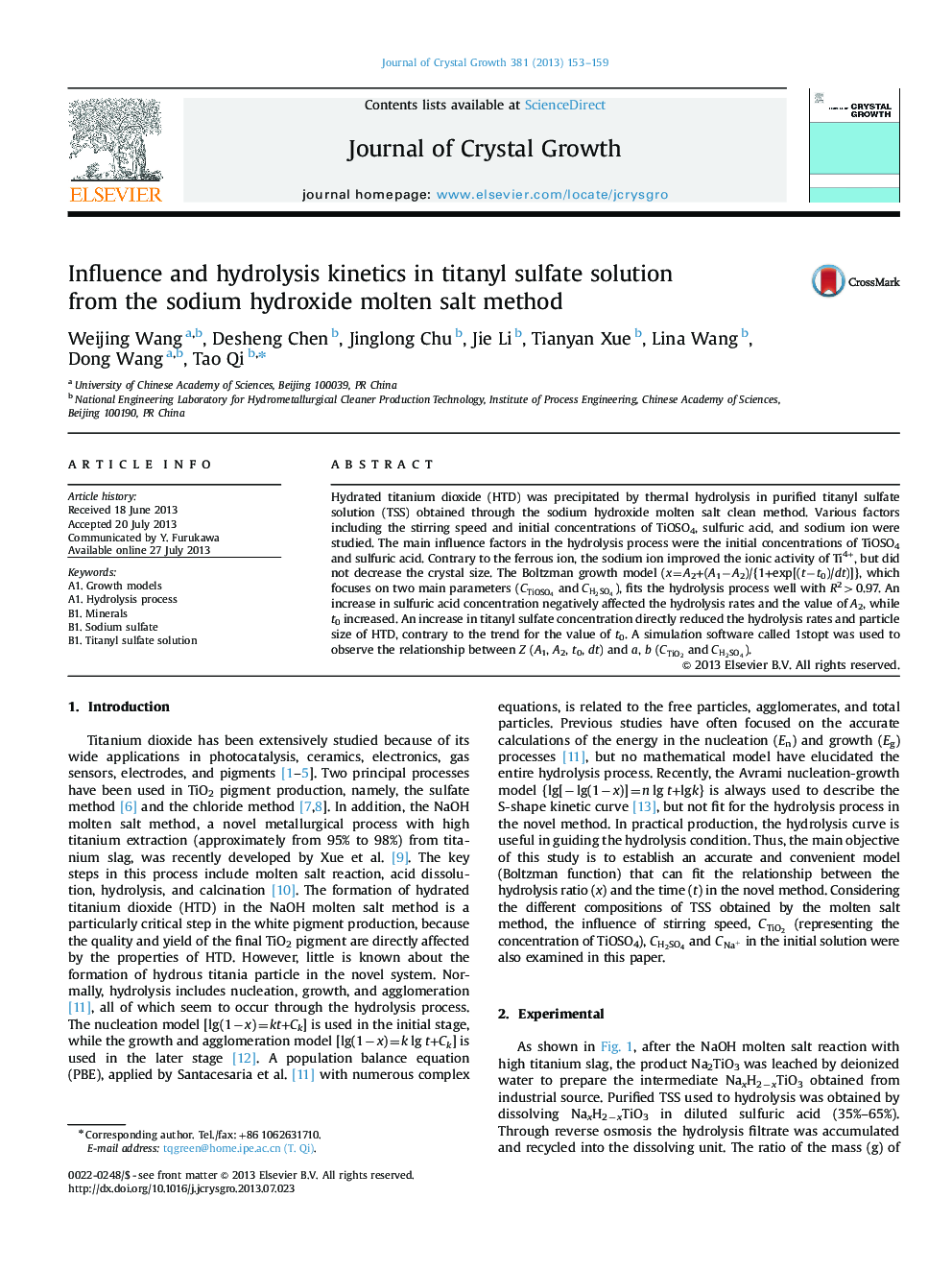 Influence and hydrolysis kinetics in titanyl sulfate solution from the sodium hydroxide molten salt method