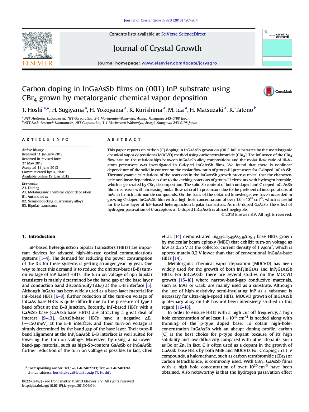 Carbon doping in InGaAsSb films on (001) InP substrate using CBr4 grown by metalorganic chemical vapor deposition