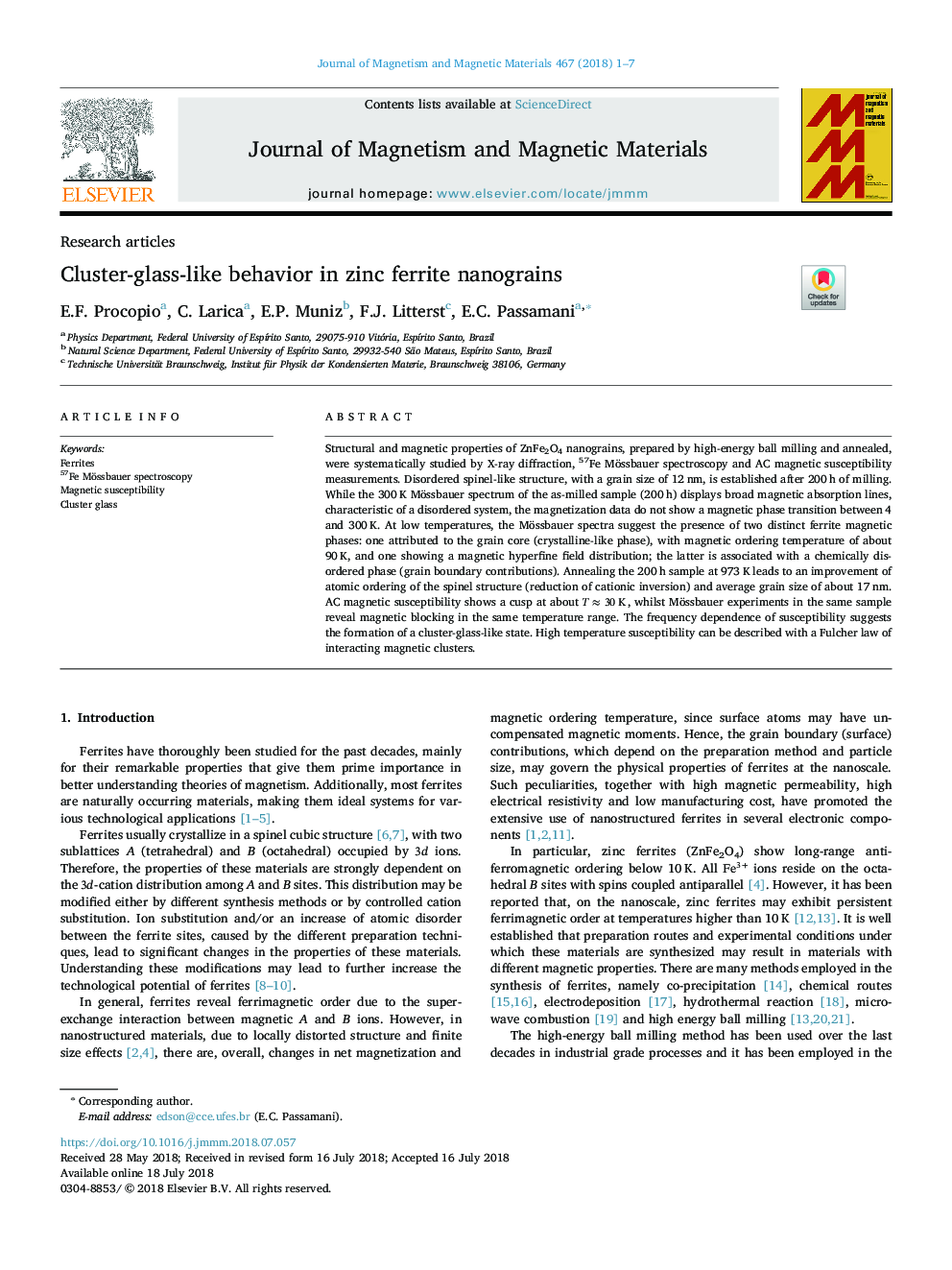 Cluster-glass-like behavior in zinc ferrite nanograins