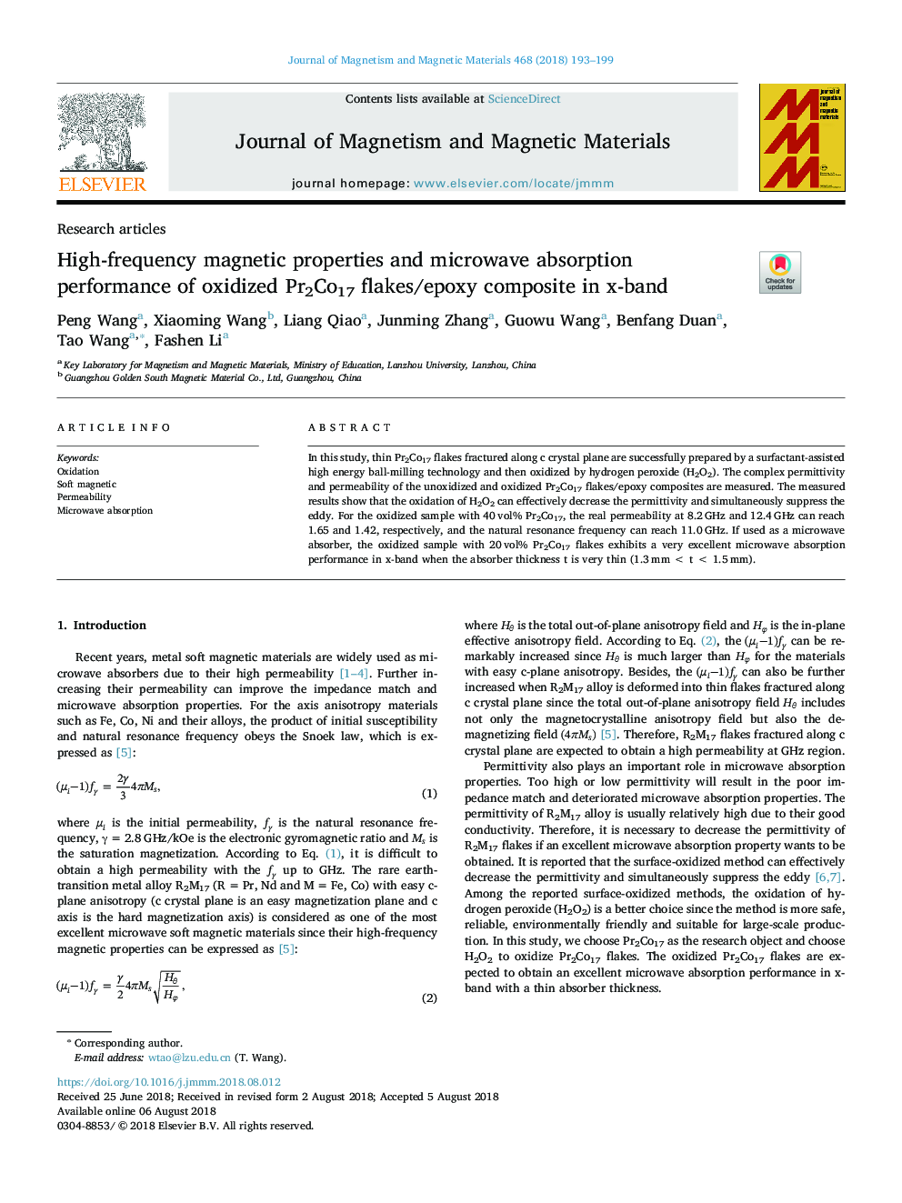 High-frequency magnetic properties and microwave absorption performance of oxidized Pr2Co17 flakes/epoxy composite in x-band