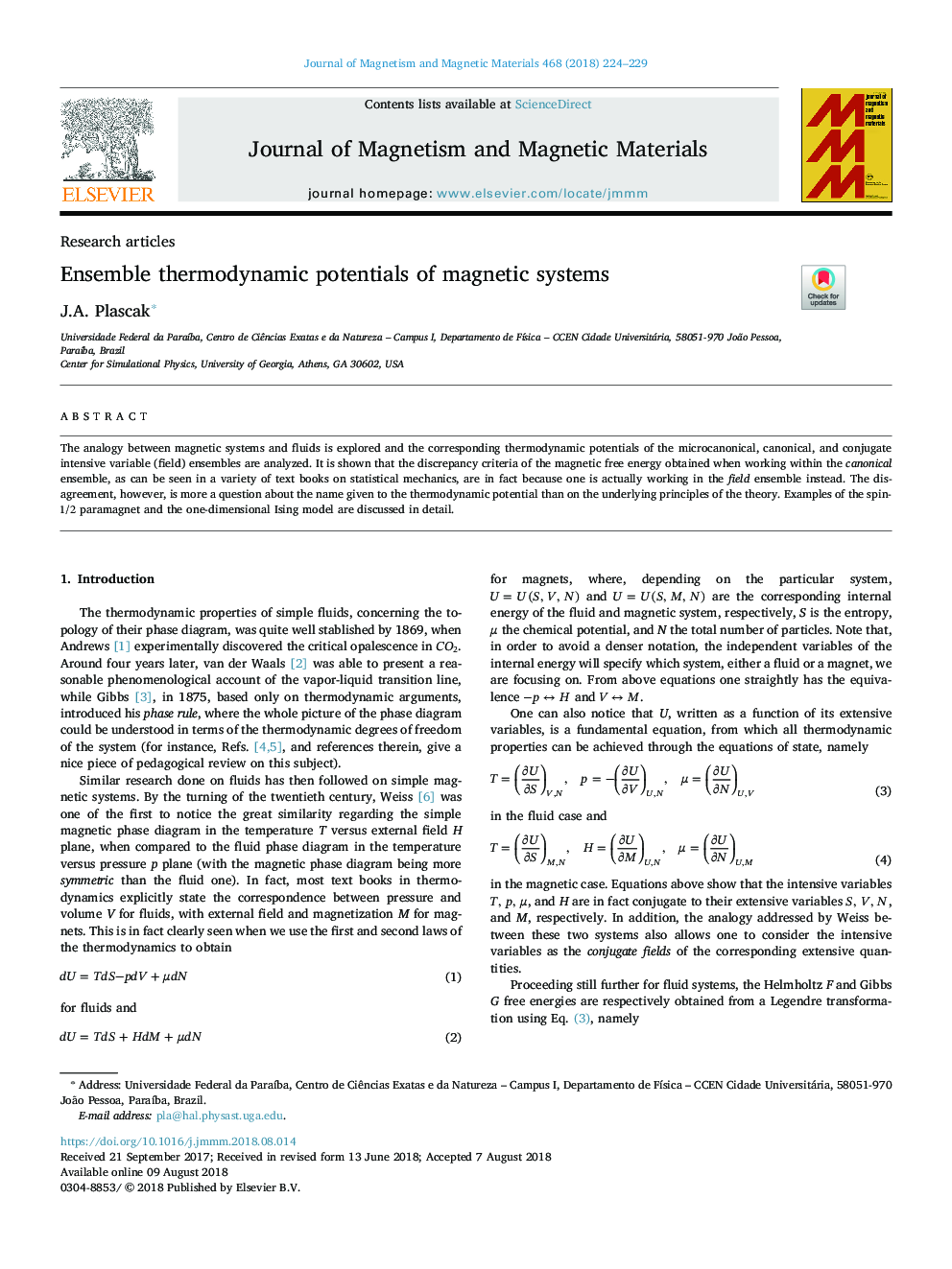 Ensemble thermodynamic potentials of magnetic systems
