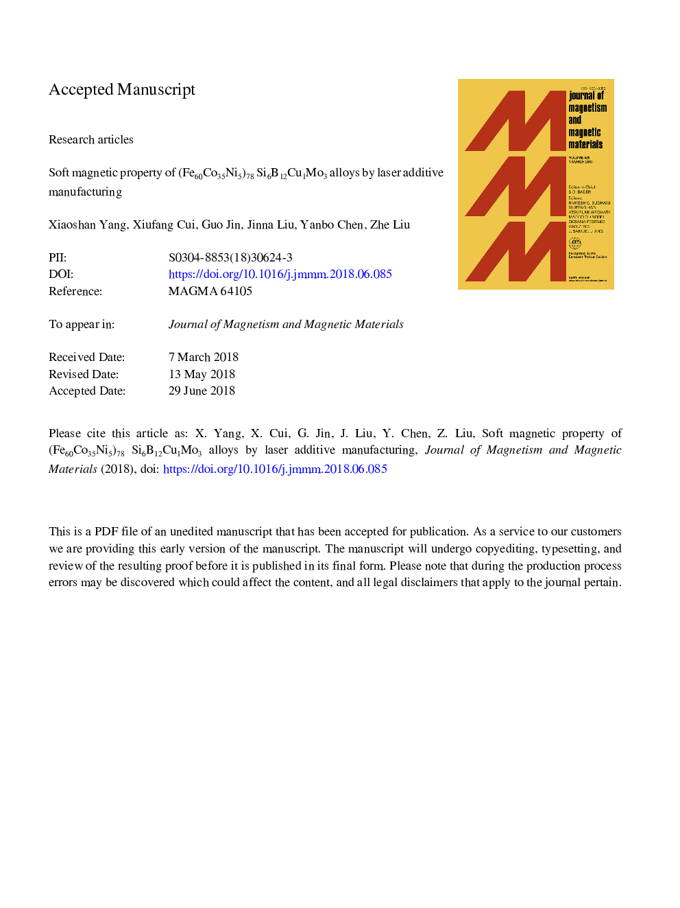 Soft magnetic property of (Fe60Co35Ni5)78 Si6B12Cu1Mo3 alloys by laser additive manufacturing