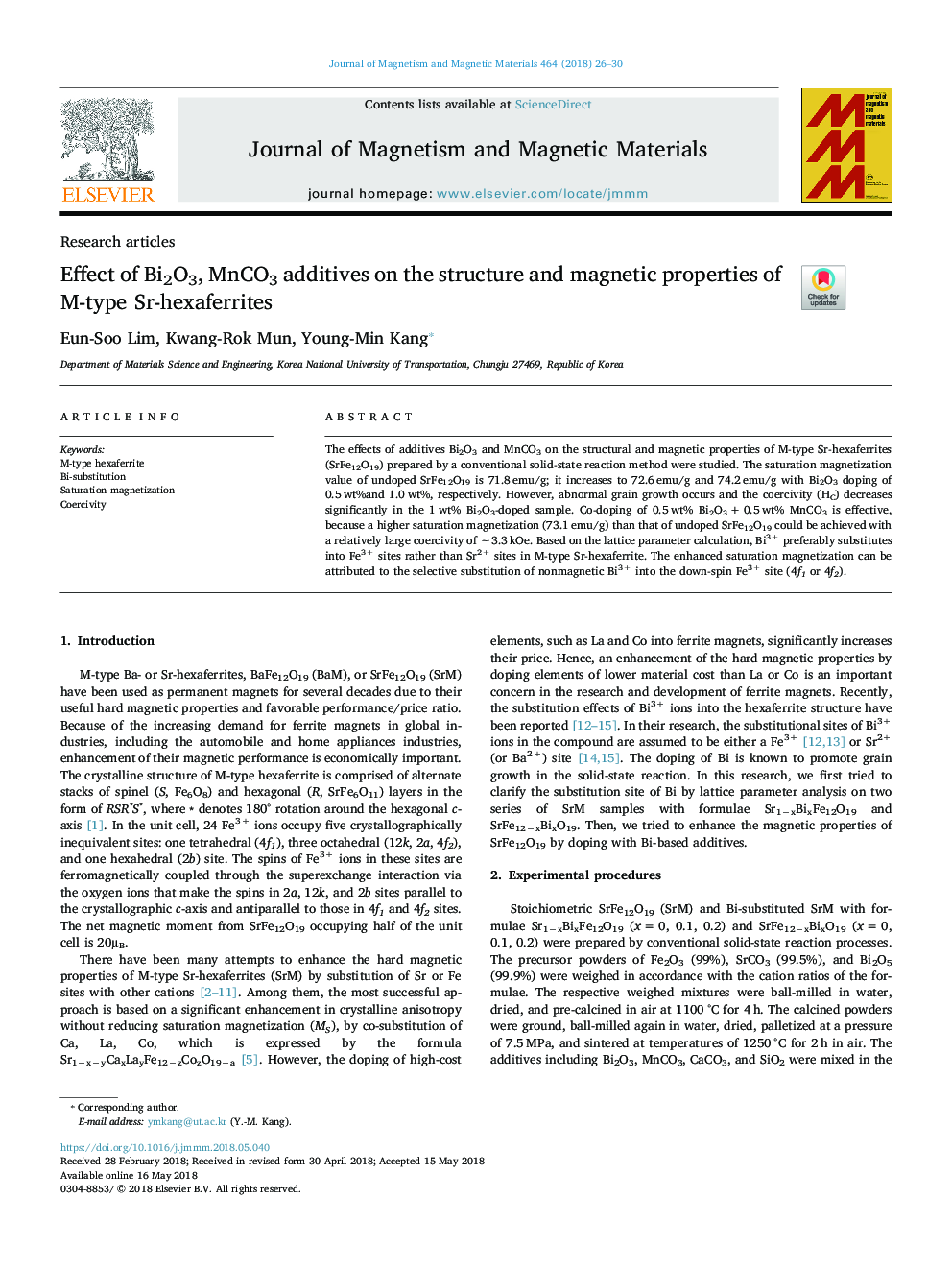 Effect of Bi2O3, MnCO3 additives on the structure and magnetic properties of M-type Sr-hexaferrites