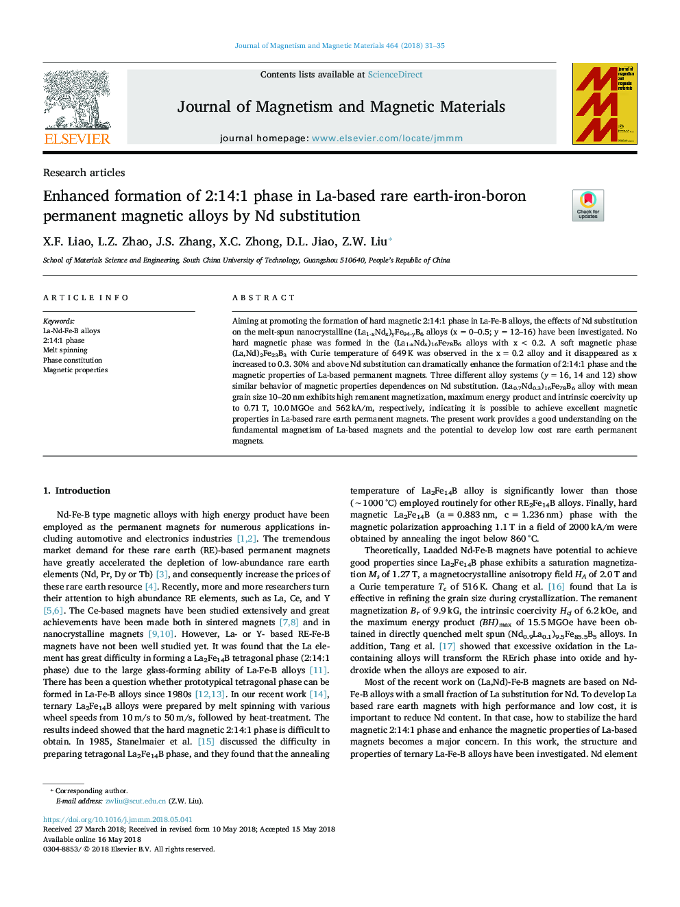 Enhanced formation of 2:14:1 phase in La-based rare earth-iron-boron permanent magnetic alloys by Nd substitution