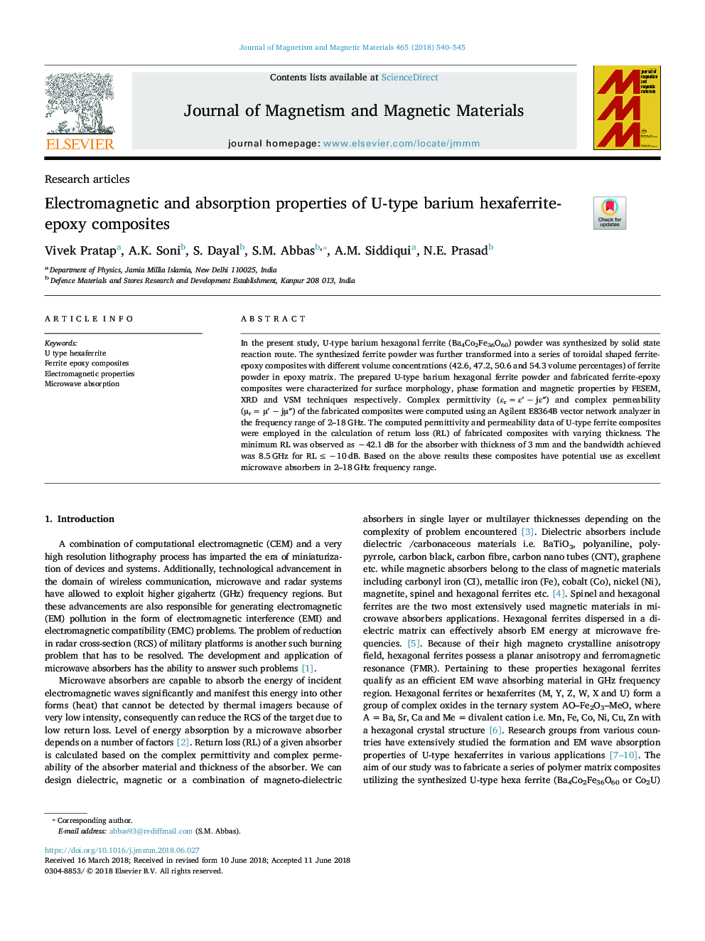 Electromagnetic and absorption properties of U-type barium hexaferrite-epoxy composites