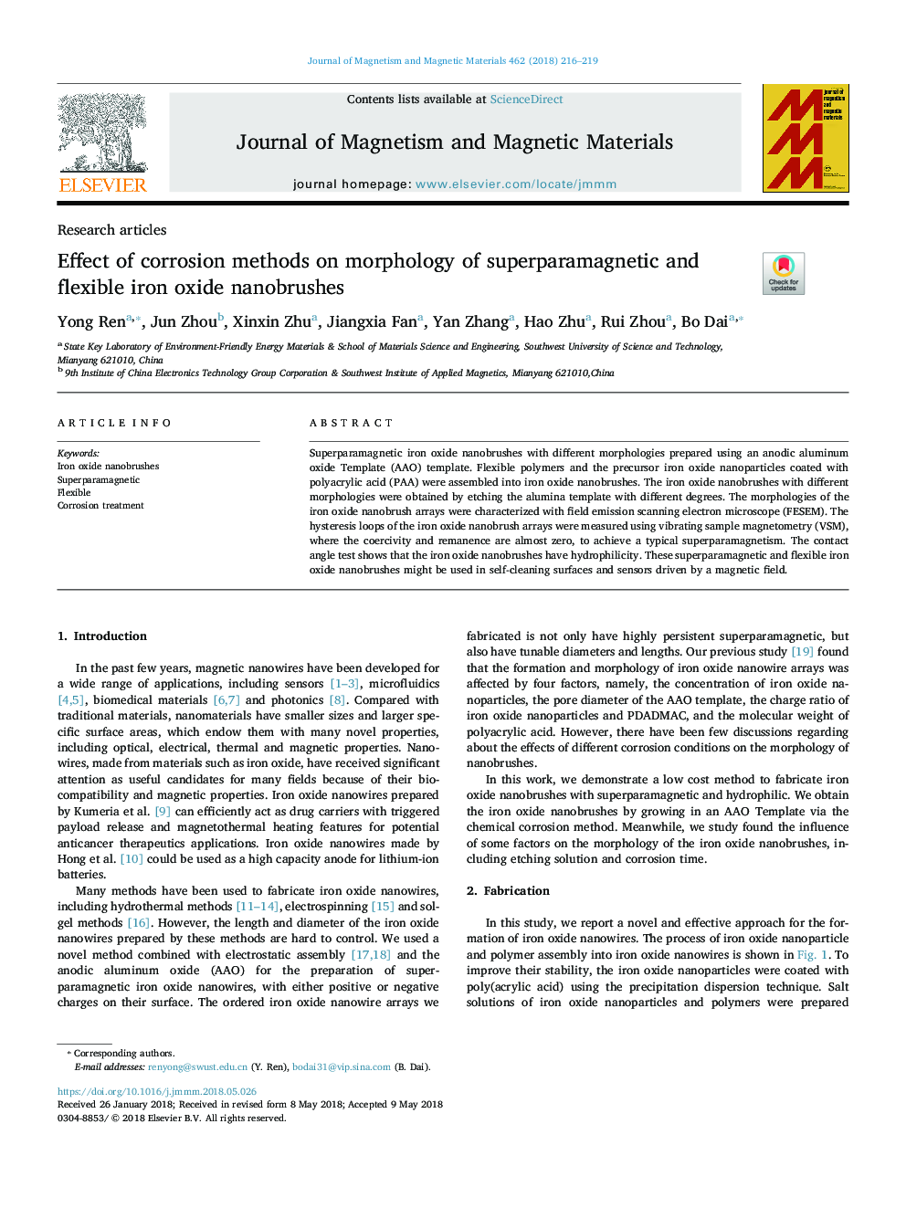 Effect of corrosion methods on morphology of superparamagnetic and flexible iron oxide nanobrushes