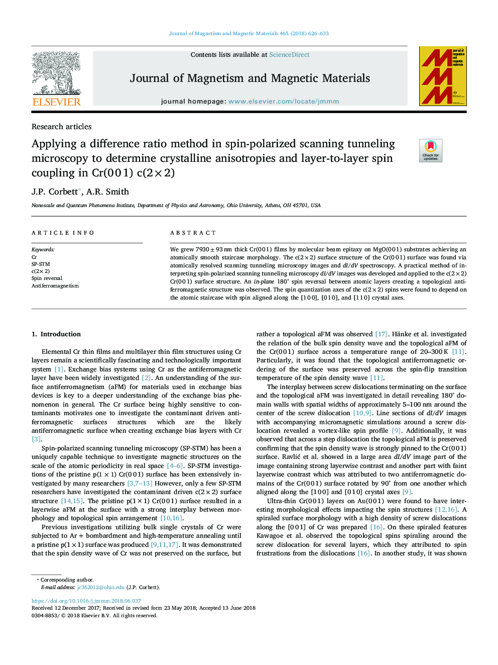 Applying a difference ratio method in spin-polarized scanning tunneling microscopy to determine crystalline anisotropies and layer-to-layer spin coupling in Cr(0Â 0Â 1) c(2â¯Ãâ¯2)