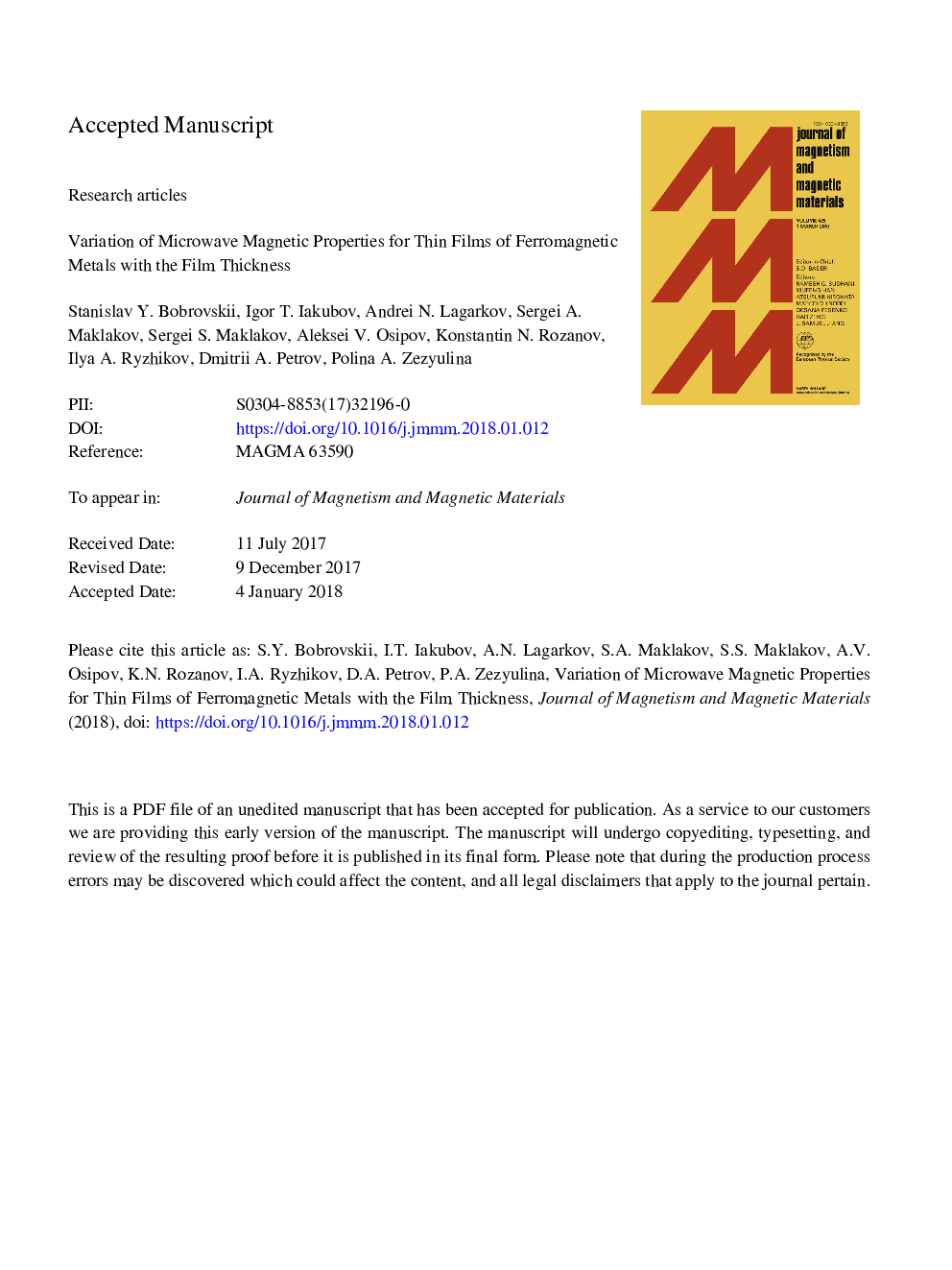 Variation of microwave magnetic properties for thin films of ferromagnetic metals with the film thickness