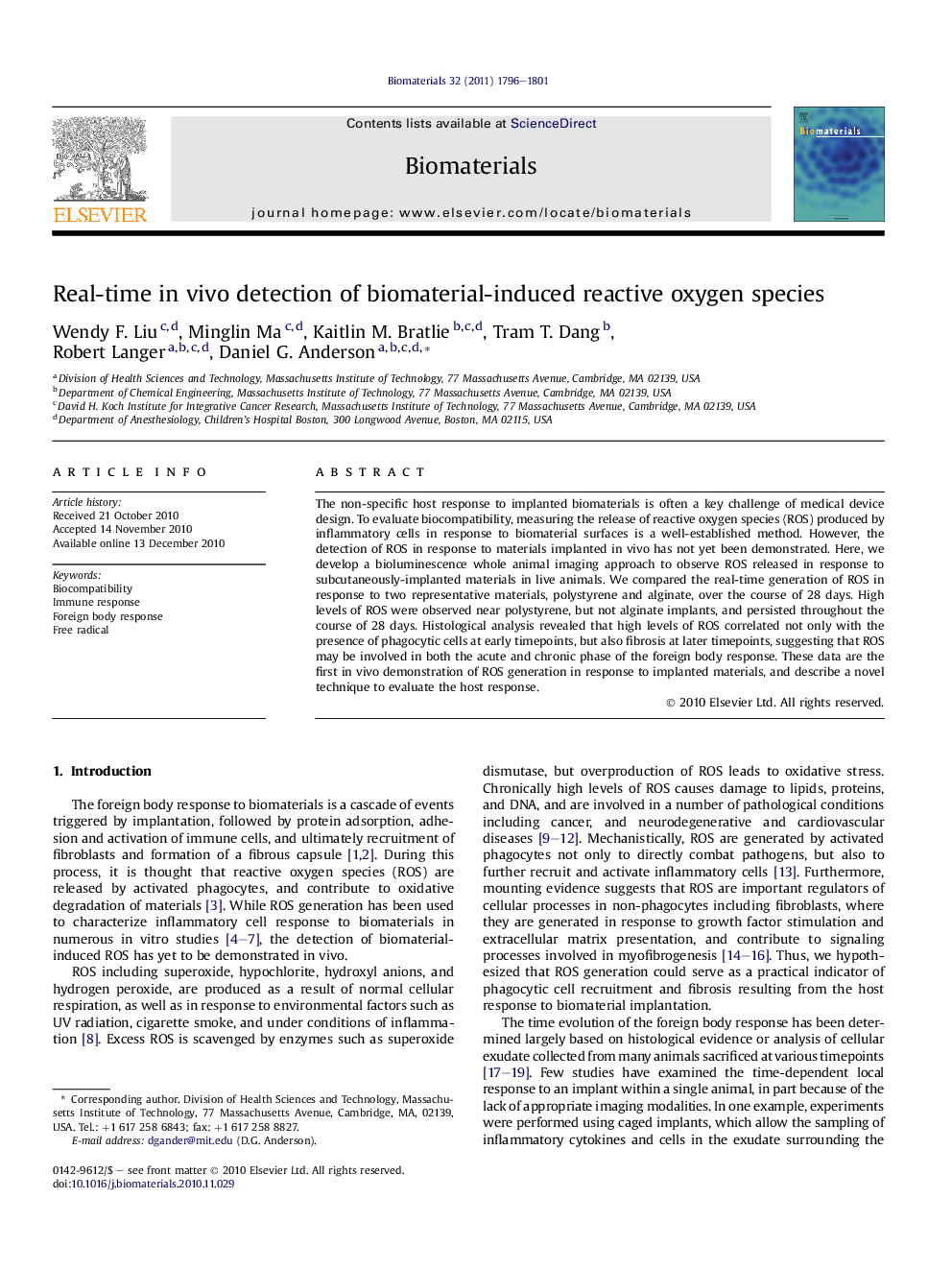 Real-time in vivo detection of biomaterial-induced reactive oxygen species