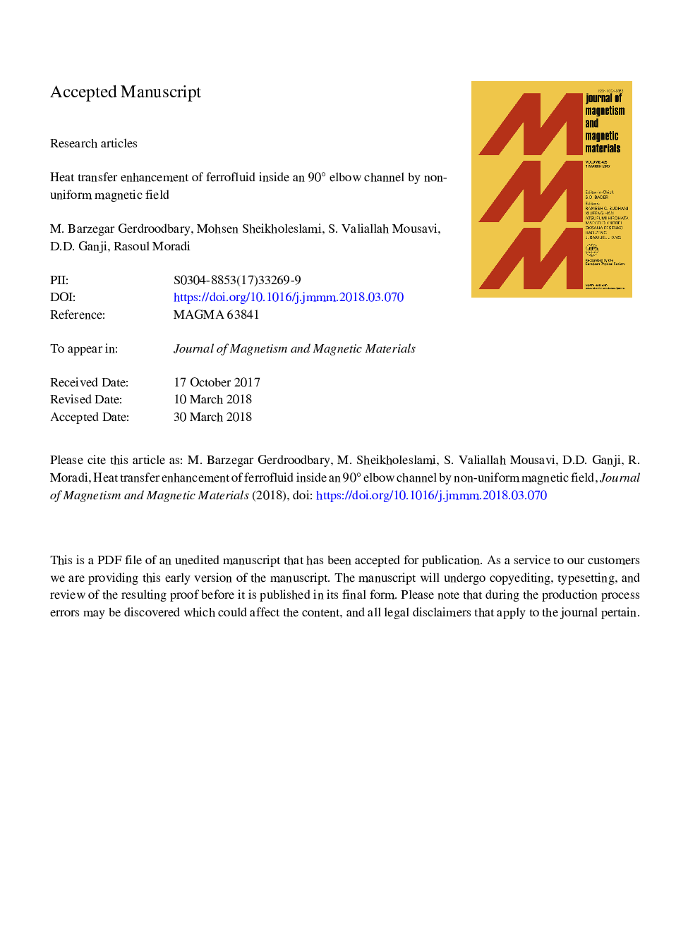عکس صفحه اول مقاله: Heat transfer enhancement of ferrofluid inside an 90° elbow channel by non-uniform magnetic field Heat transfer enhancement of ferrofluid inside an 90° elbow channel by non-uniform magnetic field